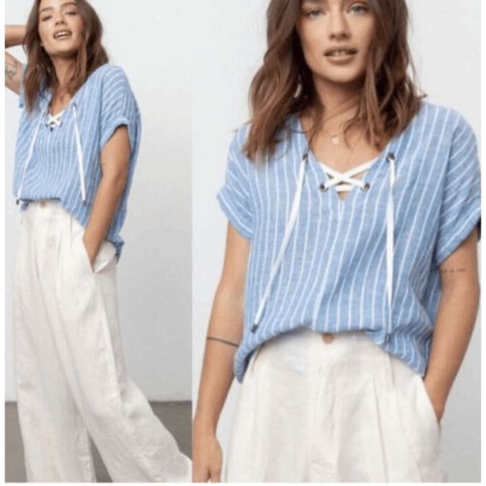 Rails Jeri Striped Linen Blend St. Germain linen blend Blue Top size medium